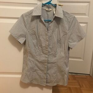 Riders Striped Blue/Black/White Short Sleeve Button-Up Shirt - Small